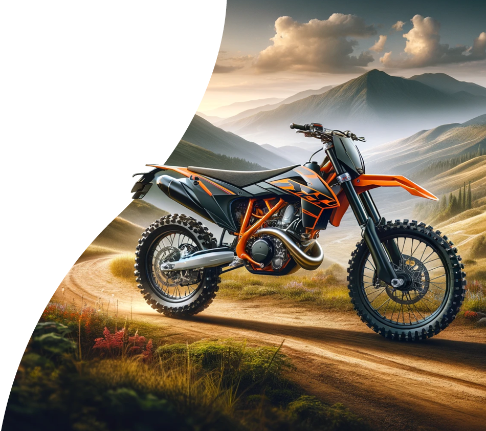 Image générée par IA d'une moto noire et orange stationnée sur un chemin de terre. Des montagnes sont visibles à l'arrière-plan.
